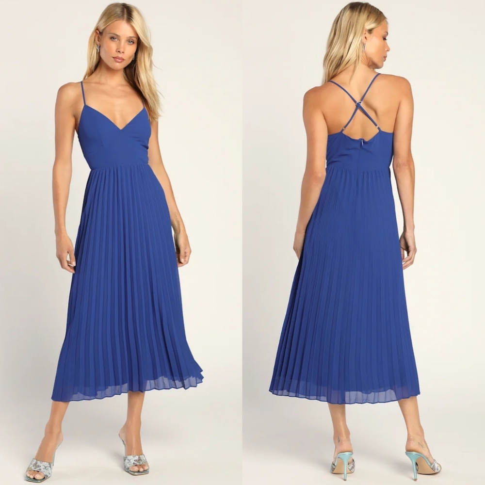 Lulus Perfectly Passionate Royal Blue Pleated Sleeveless Midi Dress S Wedding